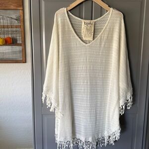 Lyric Culture Women's Retro Woodstock Lace Fringe Poncho, Cream, XL